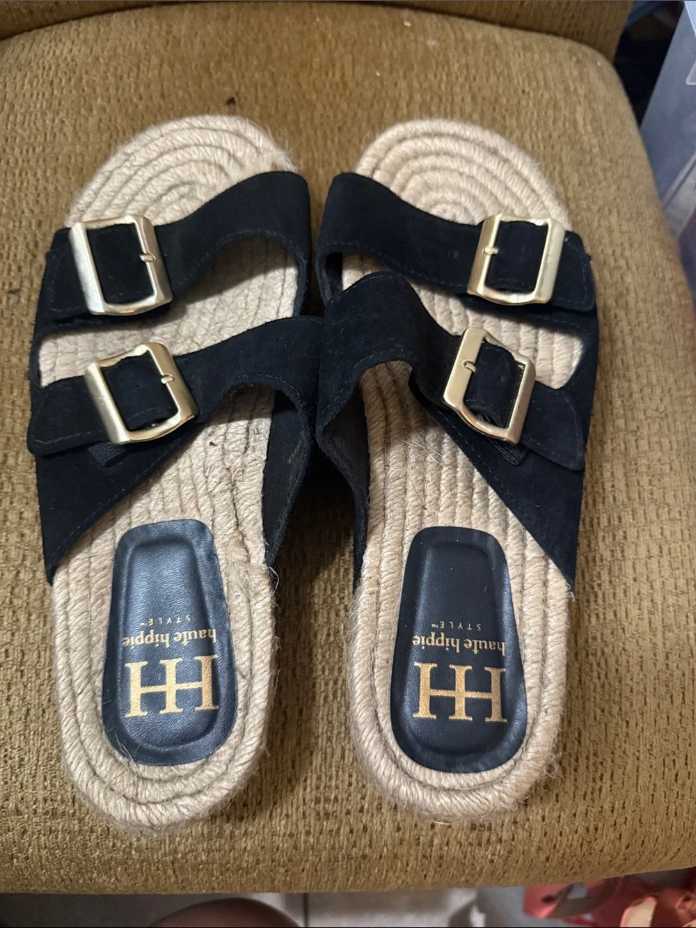 Haute Hippie Black Suede Double Buckle Rope-Trim Slides
